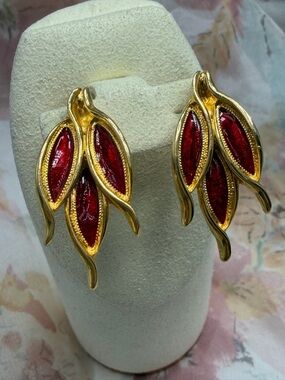Dolce & Gabbana Gold-Tone clip Earrings with Red Enamel Leaf